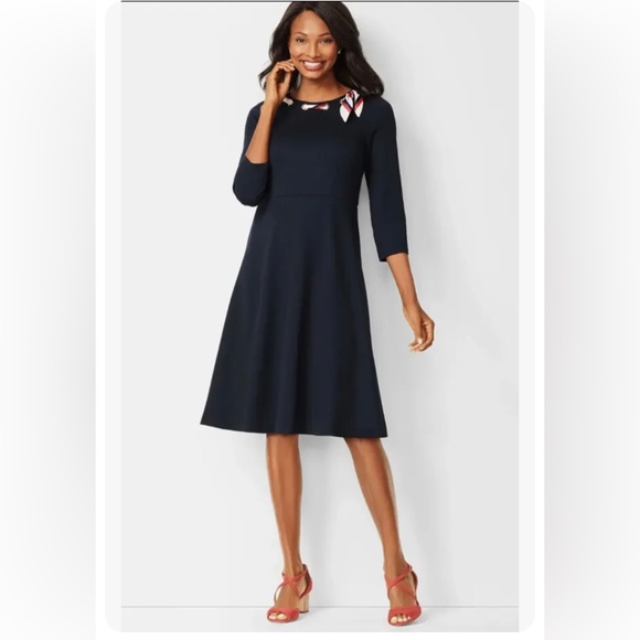 Talbots Dresses & Skirts - NWT Talbots Ponte Fit & Flare Dress Women’s Navy Blue Scarf Neckline Size 10